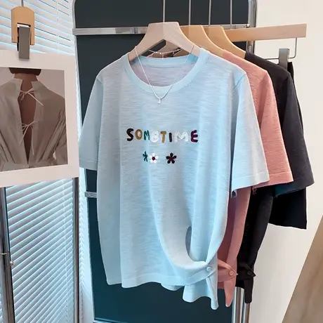 绣花圆领针织衫女2025夏装新款宽松慵懒风外穿上衣薄短袖t恤衫潮图片