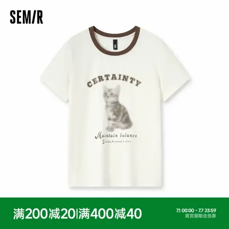 [商场同款]森马短袖T恤女美式复古撞色2024新款夏季猫咪衣服小众图片