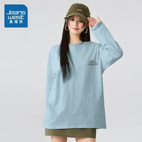 JR真维斯男女同款印花长袖T恤2025秋季新品时尚圆领纯棉男生上衣图片