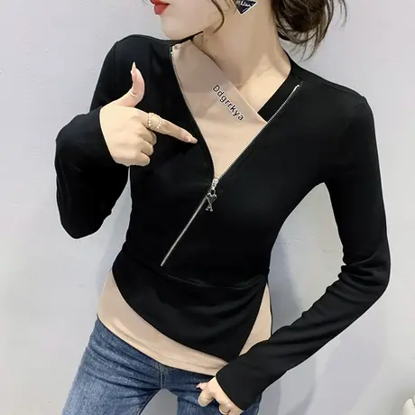 时尚不规则撞色T恤女装设计感小众假两件上衣百搭打底衫女长袖潮商品大图