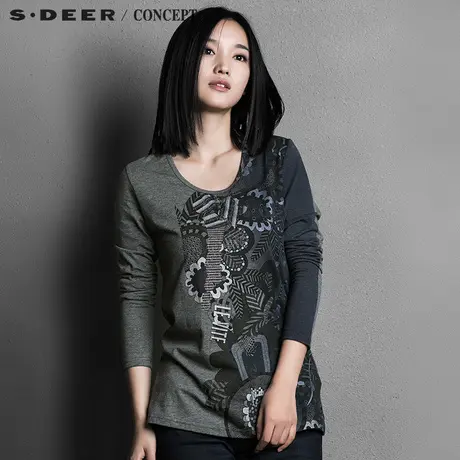 sdeer圣迪奥蓝灰晕染现代感女士修身T恤S15380283图片