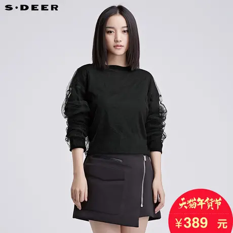 sdeer圣迪奥女2018冬装设计感双层网纱短款针织衫毛衣S16483578图片