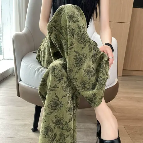 绿色印花窄版阔腿裤女春秋高腰垂感宽松显瘦休闲民族风直筒拖地裤图片