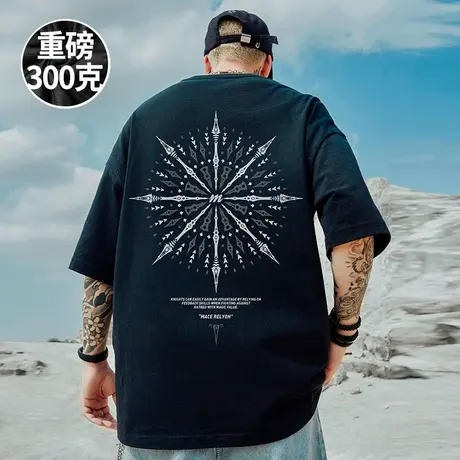 美式300g重磅纯棉潮牌宽松复古潮流夏圆领加肥加大短袖t恤男半袖商品大图