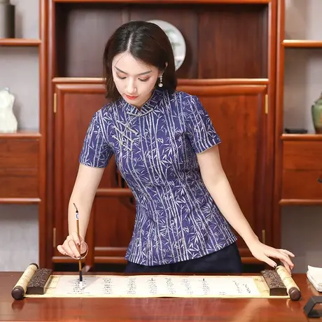 筠雅唐装女夏旗袍式上衣中式复古盘扣年轻款短袖茶服中国风女装商品大图