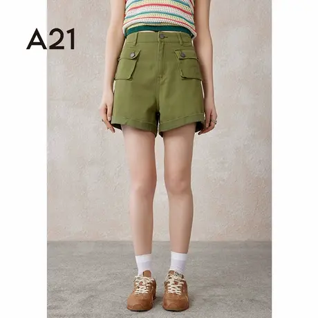 A21女装宽松磨毛高腰小直筒梭织短裤夏季工装设计感卷边三分裤子商品大图