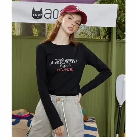 a02【100%棉】字母印花休闲宽松百搭女式T恤2025春季长袖图片