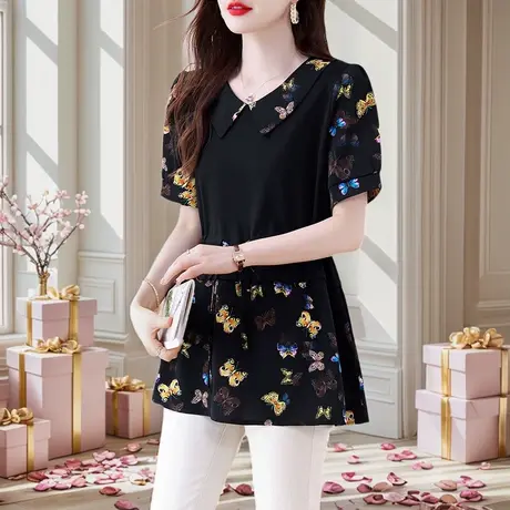 大码中长款胖mm假两件t恤女短袖夏季新款时尚宽松遮肚子女上衣商品大图