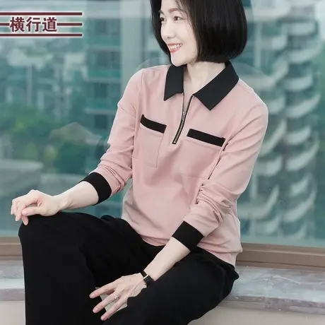 撞色拼接POLO领宽松上衣休闲大码女装胖mm妈妈装翻领T恤春装新款图片