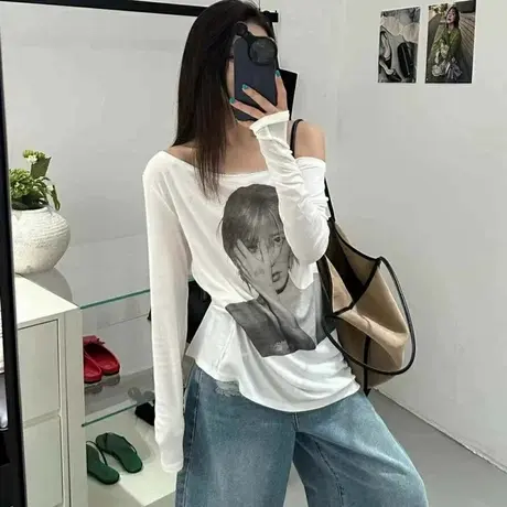 韩国东大门夏季新款美式印花慵懒宽松薄款防晒一字肩长袖T恤上衣商品大图