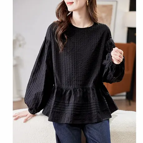 宝诗黎圆领格子慵懒纯色卫衣2025春季韩系简约百搭休闲女装上衣图片