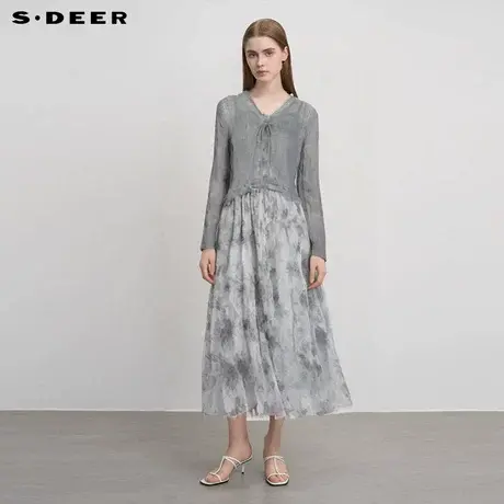 sdeer圣迪奥女装印花收腰网纱针织衫吊带裙套装S243Z1409商品大图