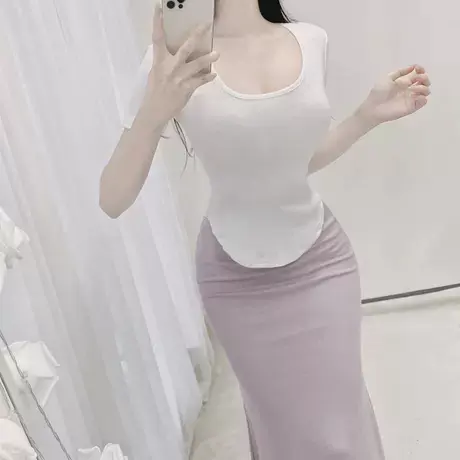 性感显胸大~低胸U领短袖T恤薄款紧身气质女人味体恤打底衫上衣夏商品大图