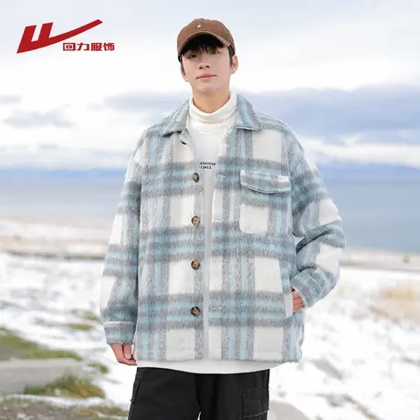 回力毛呢格子翻领外套男士春秋冬季2025新款潮牌宽松休闲加厚夹克商品大图