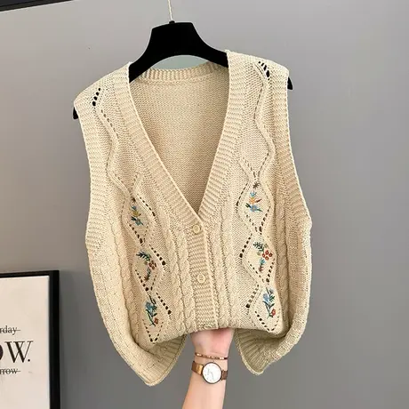 宽松开衫毛衣镂空刺绣针织衫马甲女2025春装新款背心坎肩外穿马夹商品大图