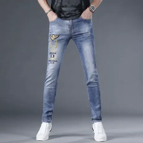 高端刺绣牛仔裤男修身小脚2024新款夏季薄款蓝色韩版潮流男士裤子商品大图