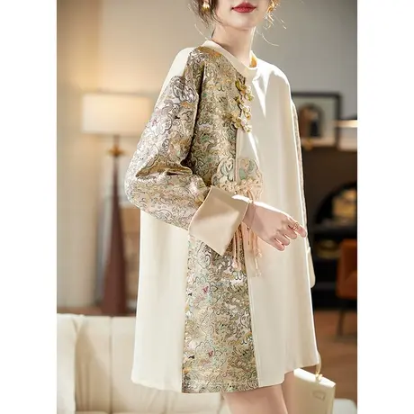 宝诗黎新中式提花拼接长袖T恤2025春季新款设计感国风中长款女装图片