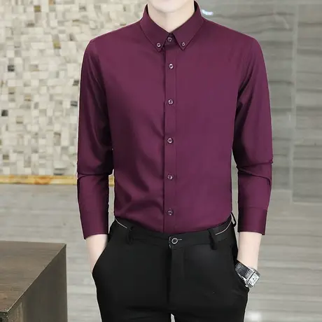 酒红色商务休闲免烫衬衫男士长袖春秋季弹力修身衬衣韩版潮流帅气商品大图