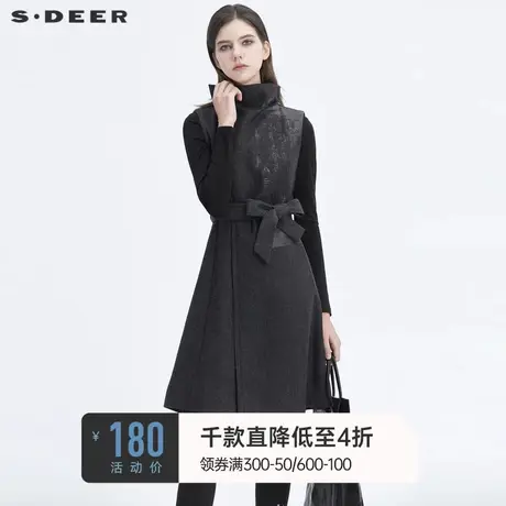 sdeer圣迪奥冬季女装不规则领印花收腰无袖毛呢连衣裙S20481213图片