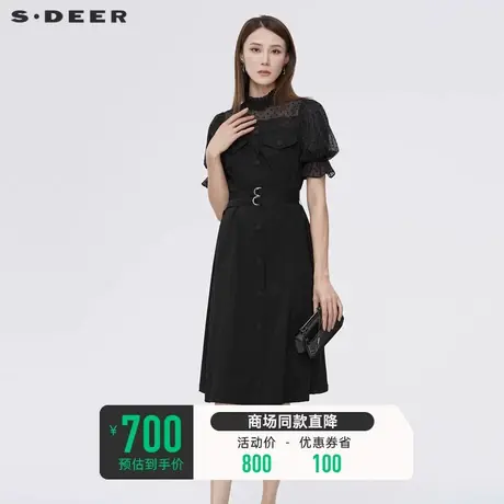 sdeer圣迪奥泡泡袖连衣裙女夏收腰波点蕾丝黑色显瘦长裙S22281206商品大图