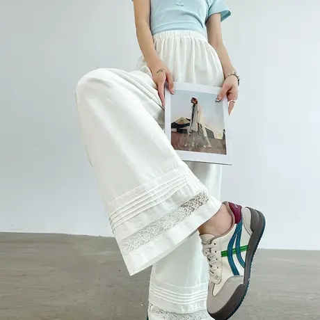 蕾丝花边抗皱阔腿裤女夏季薄款拼接垂感直筒防晒白色压褶休闲裤子商品大图