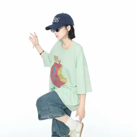 YEP2025夏季新款苹果印花短袖T恤女情侣款宽松美式ins街头风上衣图片
