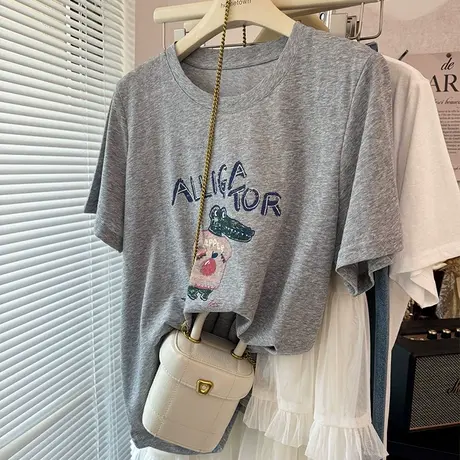 凉爽时髦鳄鱼印花雪花棉短袖T恤女薄 直筒正肩白色灰色体恤上衣商品大图