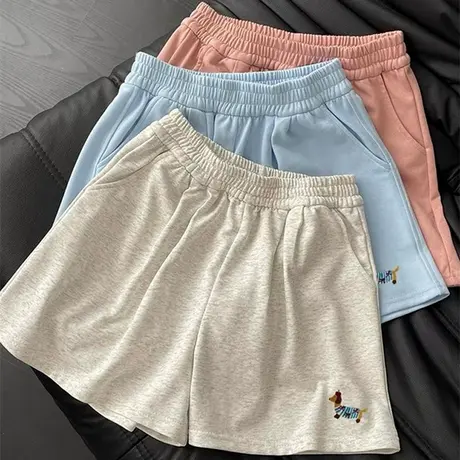 童趣风卡通刺绣休闲短裤女夏季2025新款高腰宽松阔腿运动沙滩热裤商品大图
