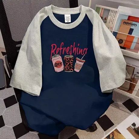 学生减龄T恤女日系学院风chic大码插肩袖撞色上衣ins夏季纯棉短袖商品大图