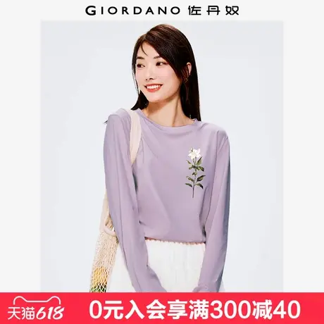 佐丹奴联名t恤女新款纯棉上衣清新花朵印花长袖打底衫女99393289图片