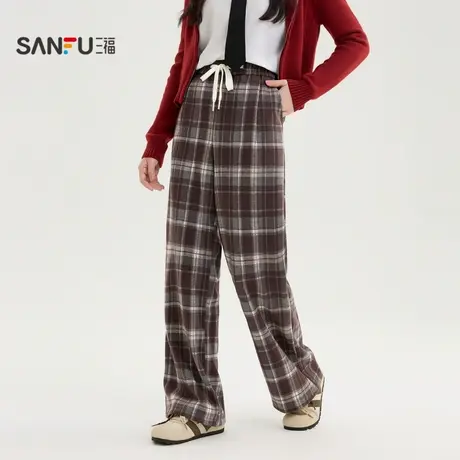 三福休闲裤2025新款春季呢料格纹宽松高腰直筒阔腿裤子女装492692商品大图