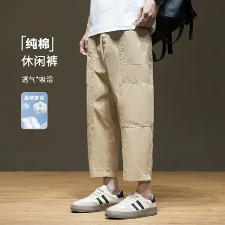 纯棉透气拼接休闲裤男士2025夏季新款宽松大码薄款简约纯色八分裤图片