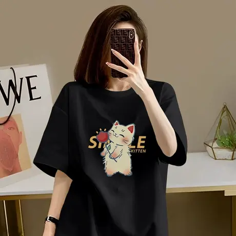 KWV真维斯黑色纯棉短袖女t恤2025新款夏季半袖大码胖mm设计感上衣图片