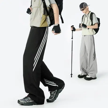 美式条纹休闲裤男夏季新款工装拼接长裤潮牌撞色直筒冰丝速干裤子图片