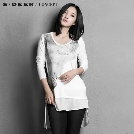 sdeer圣迪奥女装现代感雪纺拼接长款T恤S15380271图片