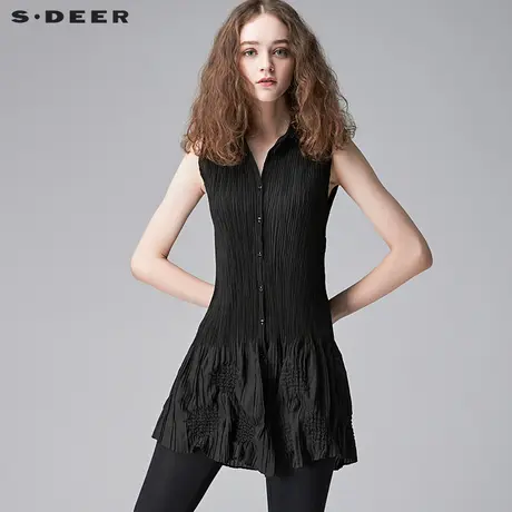 sdeer圣迪奥2019夏装潮黑色折痕修长显瘦A字无袖衬衫女S17280666图片