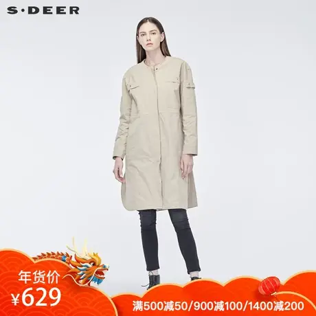 sdeer圣迪奥2019年女秋圆领贴袋装饰落肩袖开衩摆风衣S19161801图片