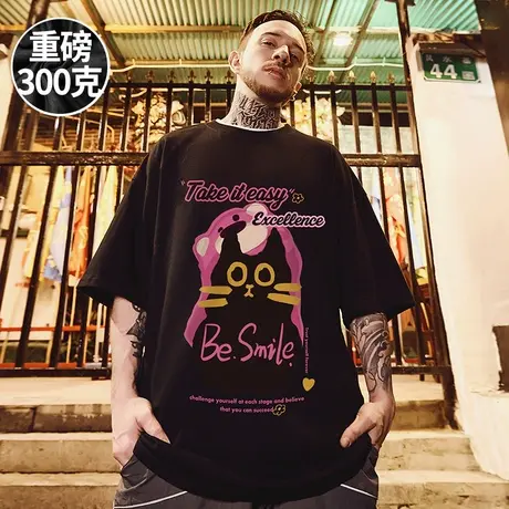 300g美式重磅2025新款国潮短袖t恤街头大码情侣圆领纯棉潮牌半袖商品大图