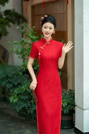 2025新款中国红开叉走秀外嫁女回娘家短袖中式礼仪迎宾颁奖旗袍商品大图