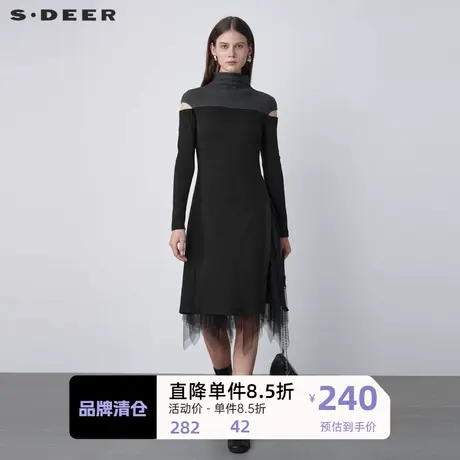 sdeer圣迪奥女装撞色网纱不规则针织两件连衣裙S221Z1252🕖商品大图