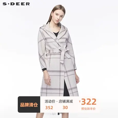sdeer圣迪奥冬开襟英伦格纹收腰插袋连帽长款风衣S19481830图片