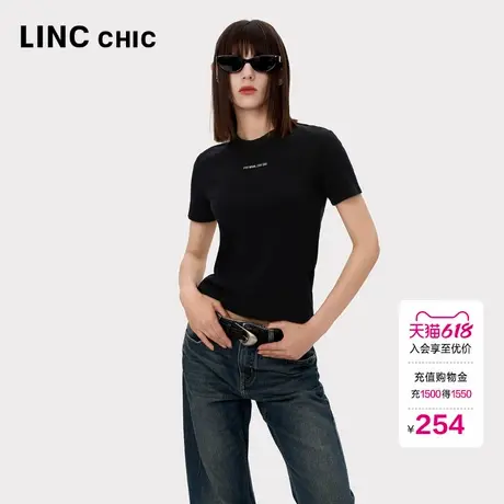 LINC金羽杰正肩短袖女T恤夏摩登时髦字母印花圆领修身T恤女TS463Y商品大图