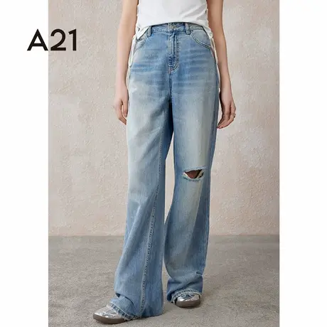 A21女装宽松中腰阔腿牛仔长裤夏季美式复古破洞水洗做旧直筒裤子商品大图