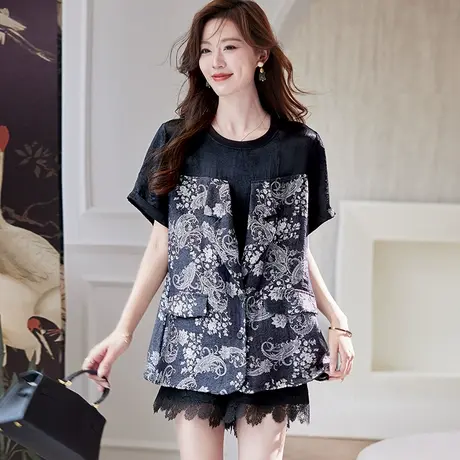 宝诗黎假两件印花拼接醋酸T恤2025夏季洋气设计感休闲百搭短袖女商品大图