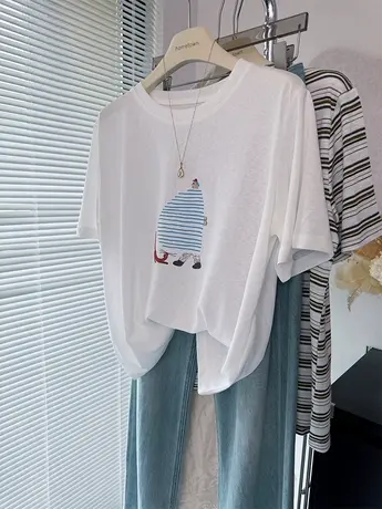 舒适凉爽宽松显瘦复古欧美卡通人物印花雪花棉白色短袖T恤女上衣图片