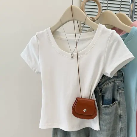 正肩U领露锁骨短袖T恤女夏天修身韩版短款小个子chic甜辣上衣半袖商品大图