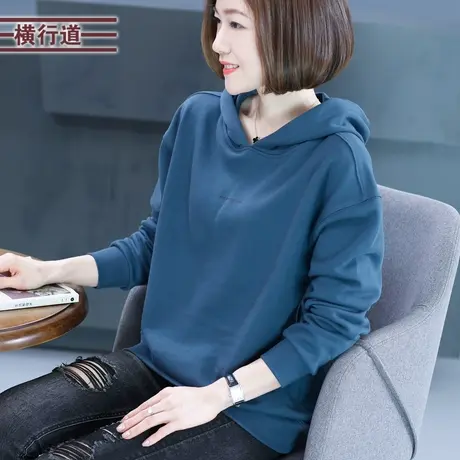 2025春装大码女装连帽纯色卫衣休闲宽松纯棉长袖印花卫衣黑色上衣商品大图