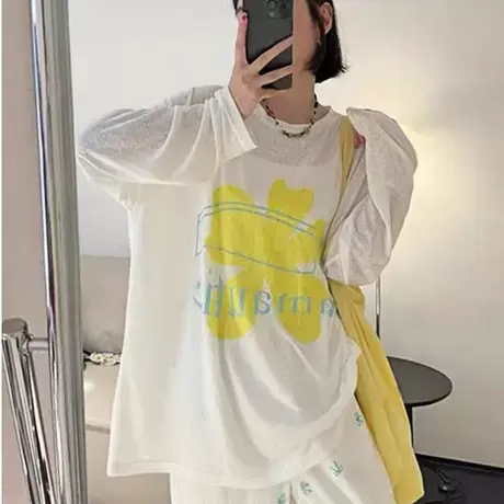 韩国东大门夏季新款时尚花朵印花宽松百搭薄款防晒长袖T恤女上衣商品大图
