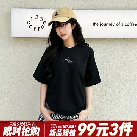简约风设计感字母印花黑色正肩t恤女短袖2025新款宽松显瘦上衣夏商品大图