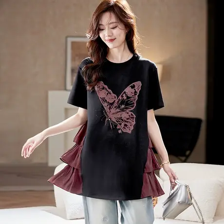 宝诗黎中长款印花拼接T恤女2025夏季洋气设计感宽松棉质短袖上衣图片